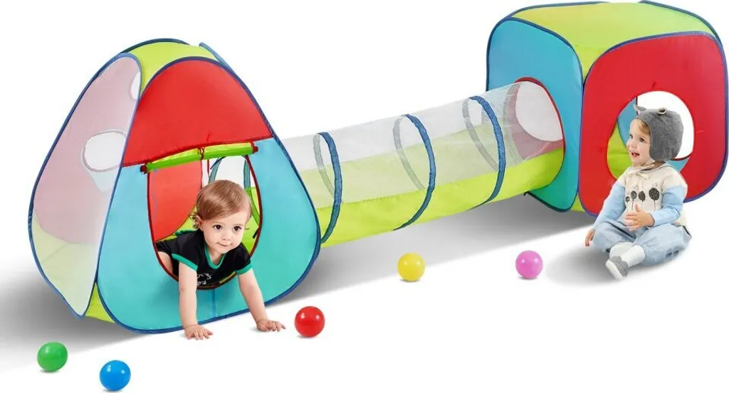 Tente de jeu enfant avec tunnel 3 en 1 - Maison pop-up rouge jaune bleu
