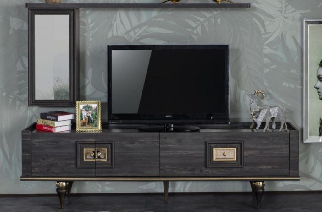 Casa Padrino Luxus Art Deco TV Schrank Grau / Schwarz / Messingfarben 226 x 44 x H. 65 cm - Edler Wohnzimmer Fernsehschrank mit Schublade und 2 Tü...