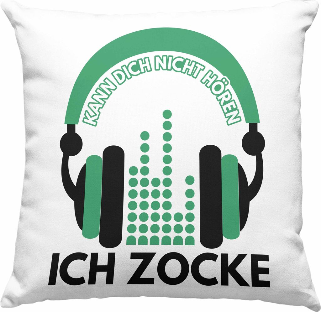 Trendation - Kann Dich Nicht Hören Ich Zocke Deko-Kissen mit Füllung 40x40 Geschenk Gamer Gamergirl (Grün)