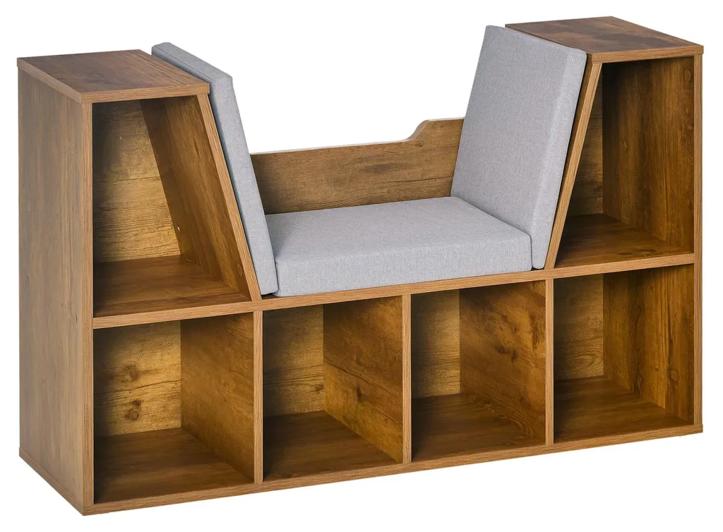 Bibliothèque avec banquette intégrée et 6 casiers bois brun rustique