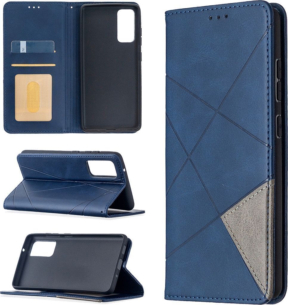 A collage of images showing a blue flip case for a Samsung Galaxy S20 FE phone from different angles, including its interior card slots and stand function.