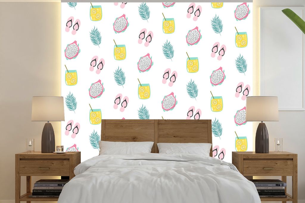 MuchoWow Fototapete für Wohnzimmer oder Schlafzimmer Wandtapete Vinyl Motivtapete Sommer - Pastell - Muster - 240x240 cm - Schlafzimmer-Tapete