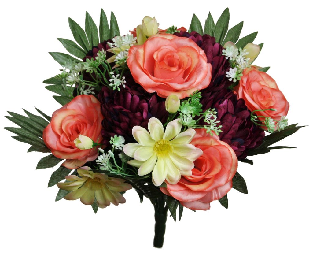 Kunstblume Strauß Rose-Dahlie Blumenstrauß 38cm PFIRSICH-BURGUND