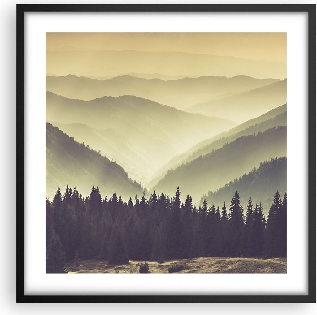 Gerahmtes Poster - Schwarzer Rahmen - Berge Wald Natur - 50x50 cm - Wand Bild - Wanddeko - Wandbilder - Kunstposter - Wandposter - Bilderrahmen - B...