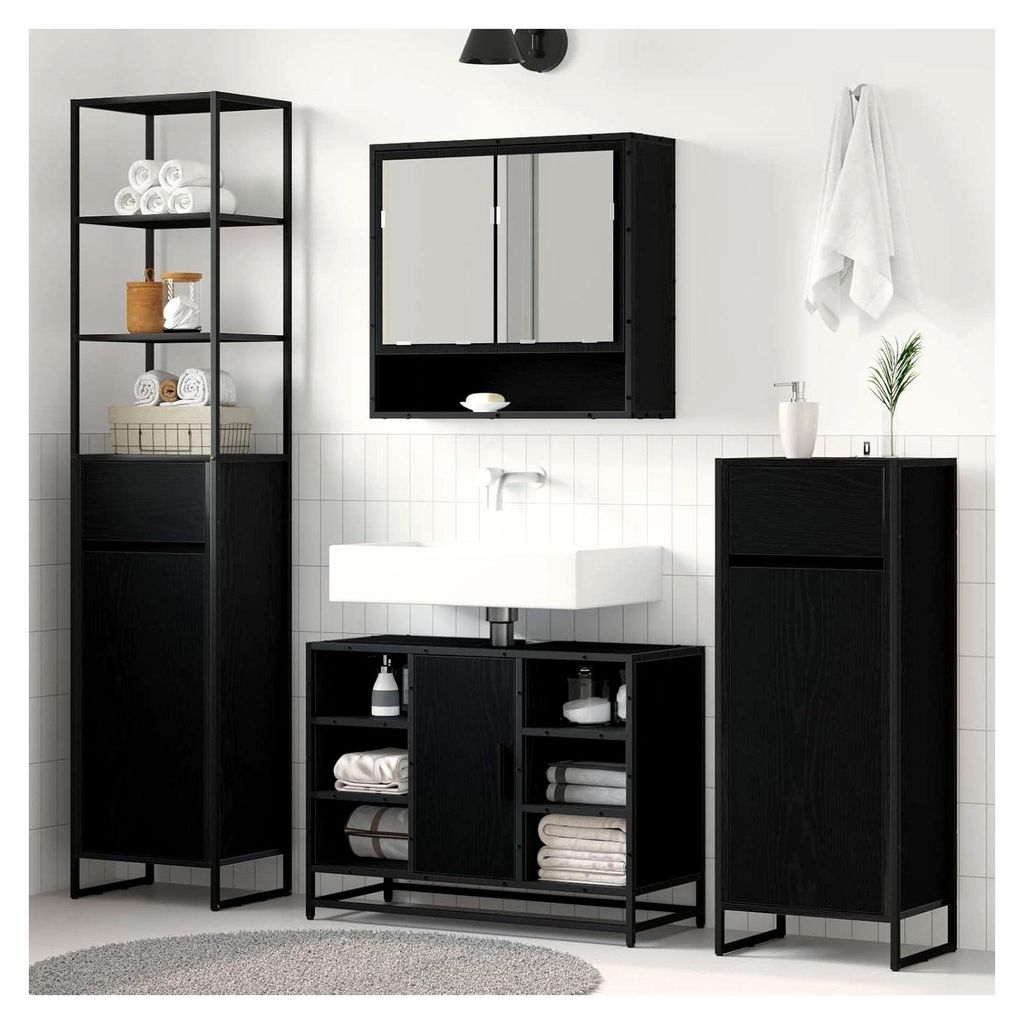 Badezimmerschrank mit Tür in Schwarz Eichen-Optik, 40x30x100 cm, Holzwerkstoff, Stauraum für Handtücher, langlebig, einfacher Zusammenbau
