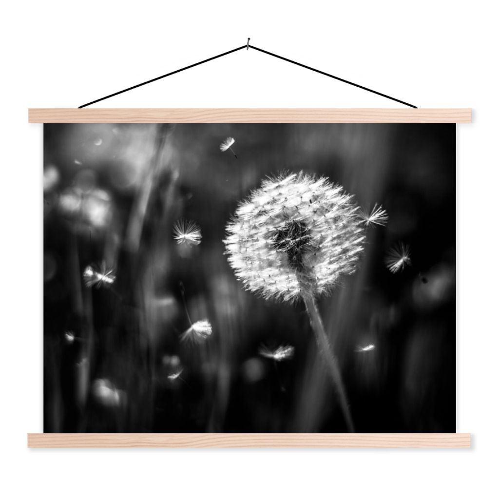 MuchoWow Textilposter Löwenzahn - Schwarz - Weiß - Pflanze 40x30 cm mit holzfarbenen Rahmen - Bilder