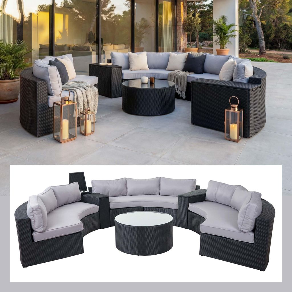 Luxus Poly-Rattan-Garnitur Savoie, Sitzgruppe Lounge-Set, XXL Sofa rund, anthrazit Kissen grau
