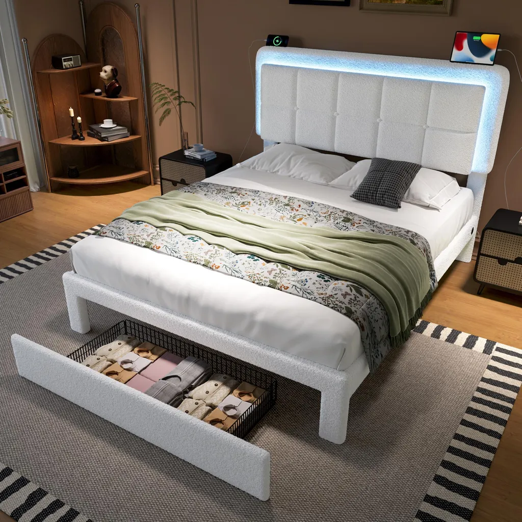 Lit 160x200cm en velours teddy blanc avec tête réglable et LED USB