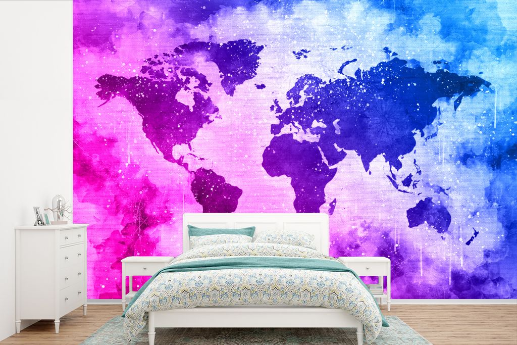 MuchoWow Fototapete für Wohnzimmer oder Schlafzimmer Wandtapete Vinyl Motivtapete Weltkarte - Rosa - Lila - 420x280 cm - Zimmer für Kinder