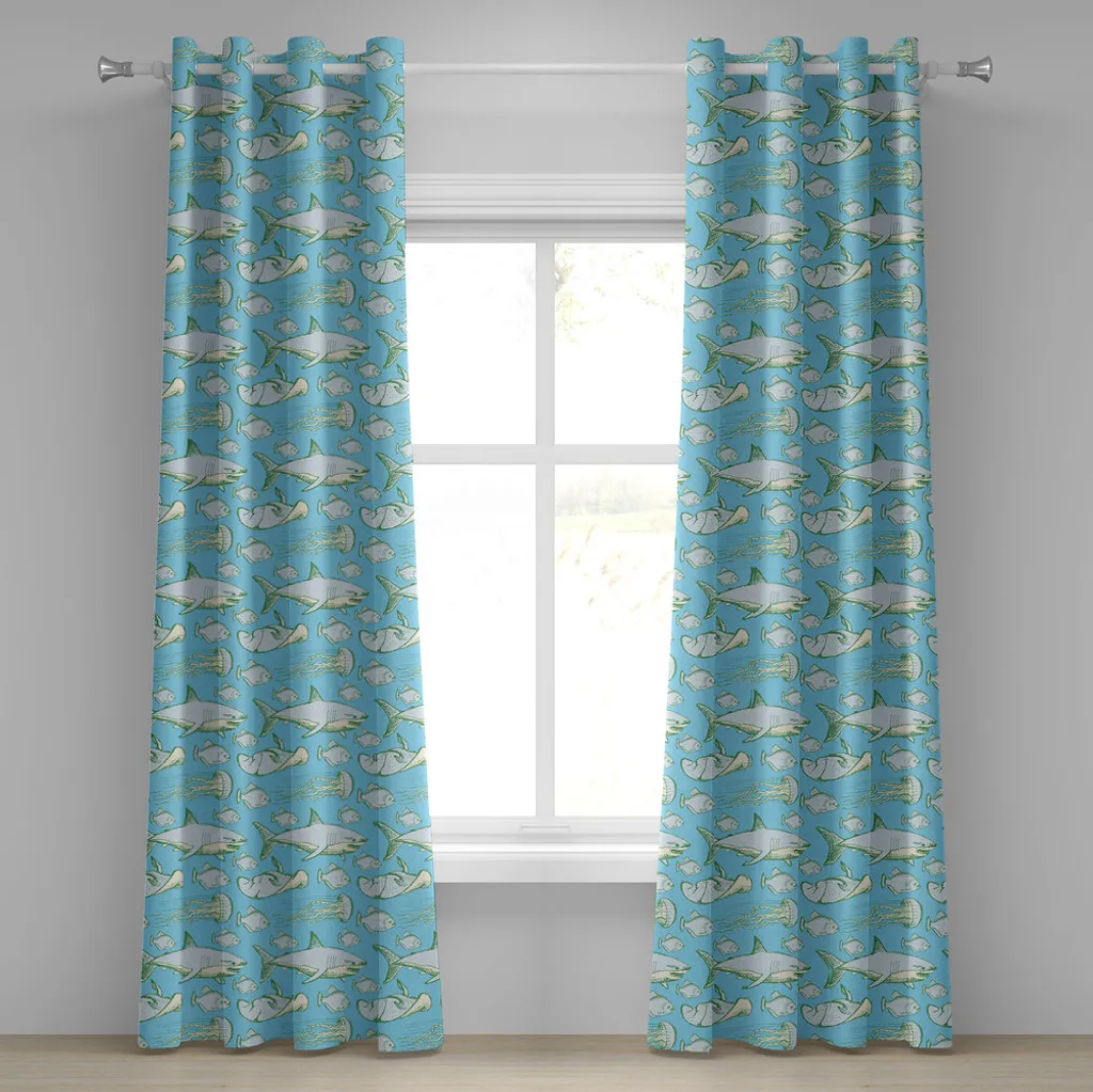 Rideau satiné à motifs marins 280x175 cm Gris Vert avec œillets inox