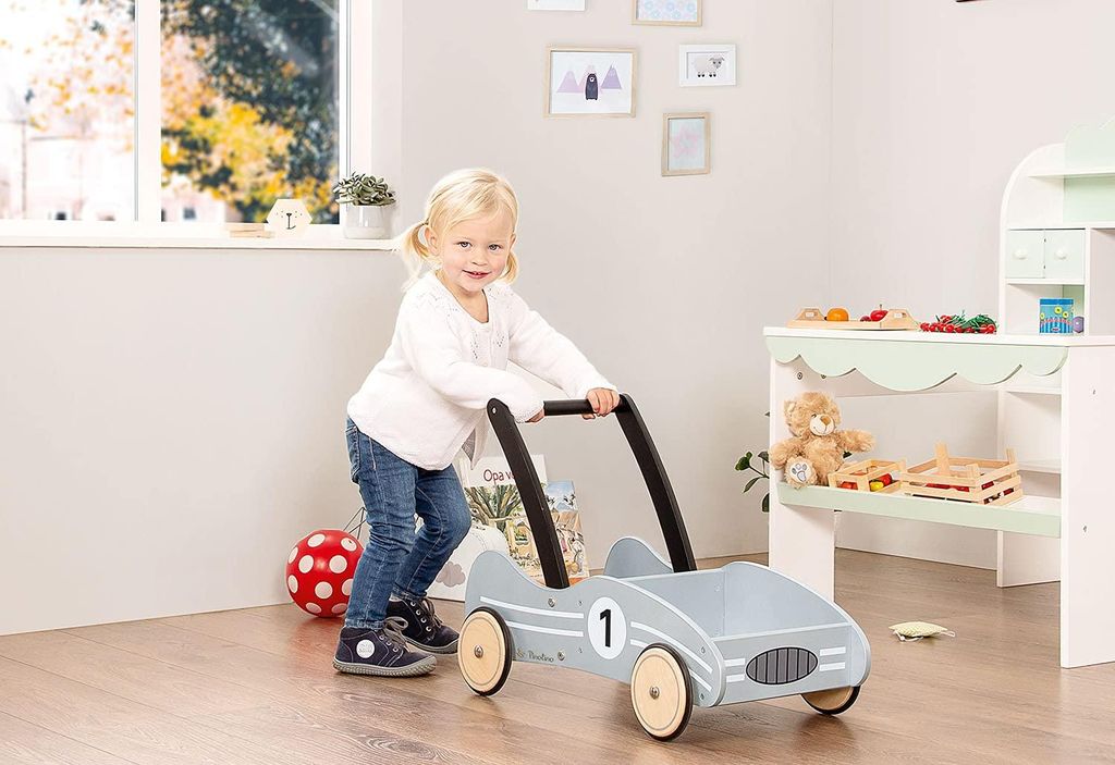 Lernlaufwagen für Kinder mit Bremssystem – Holz-Trolley für Kinder von 1-6 Jahren