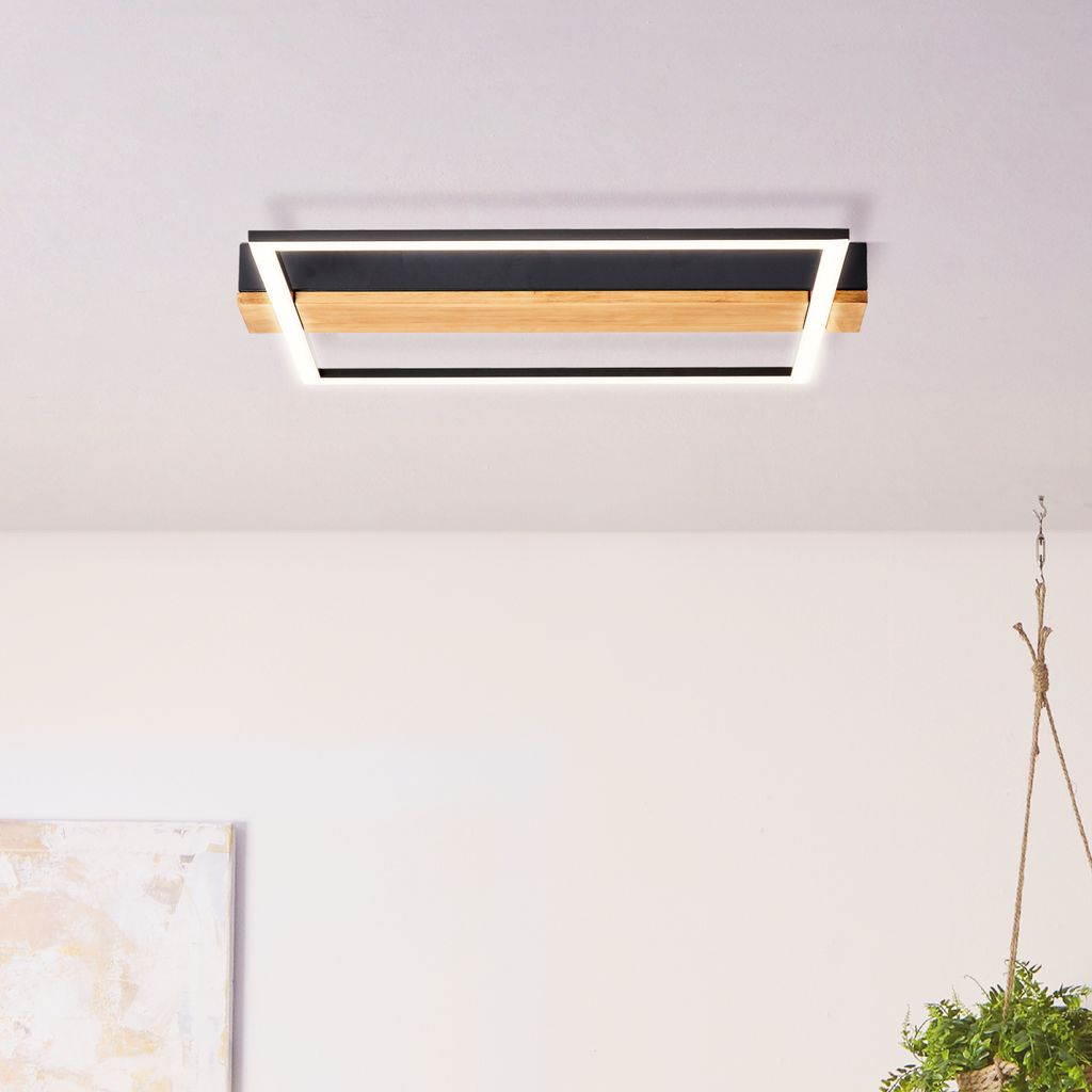 BRILLIANT moderne LED Deckenleuchte LONEOS | schwarze Deckenlampe mit Holz Details und 3-Step-Dimmer | 24W 3000 Lumen 3000 Kelvin | Metall/Holz/Kun...