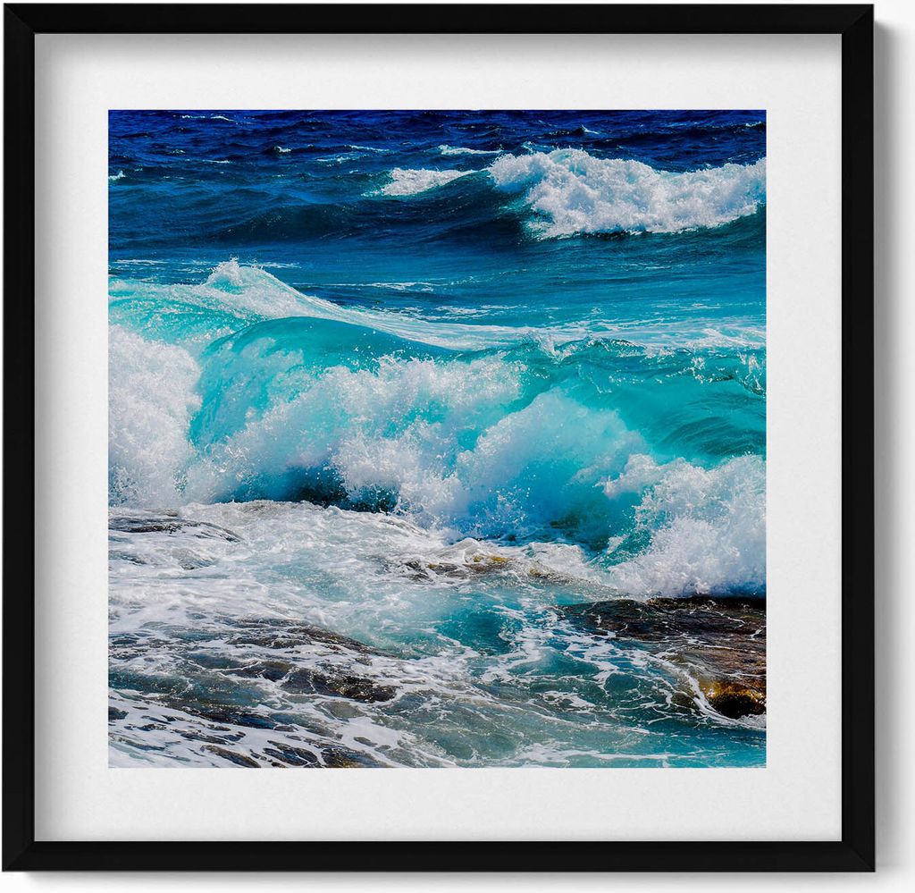 Meeresblaue Wasserwellen– Wandbild mit Rahmen – Gerahmtes Bild – Wanddekoration – 50x50 cm – Schwarz Rahmen