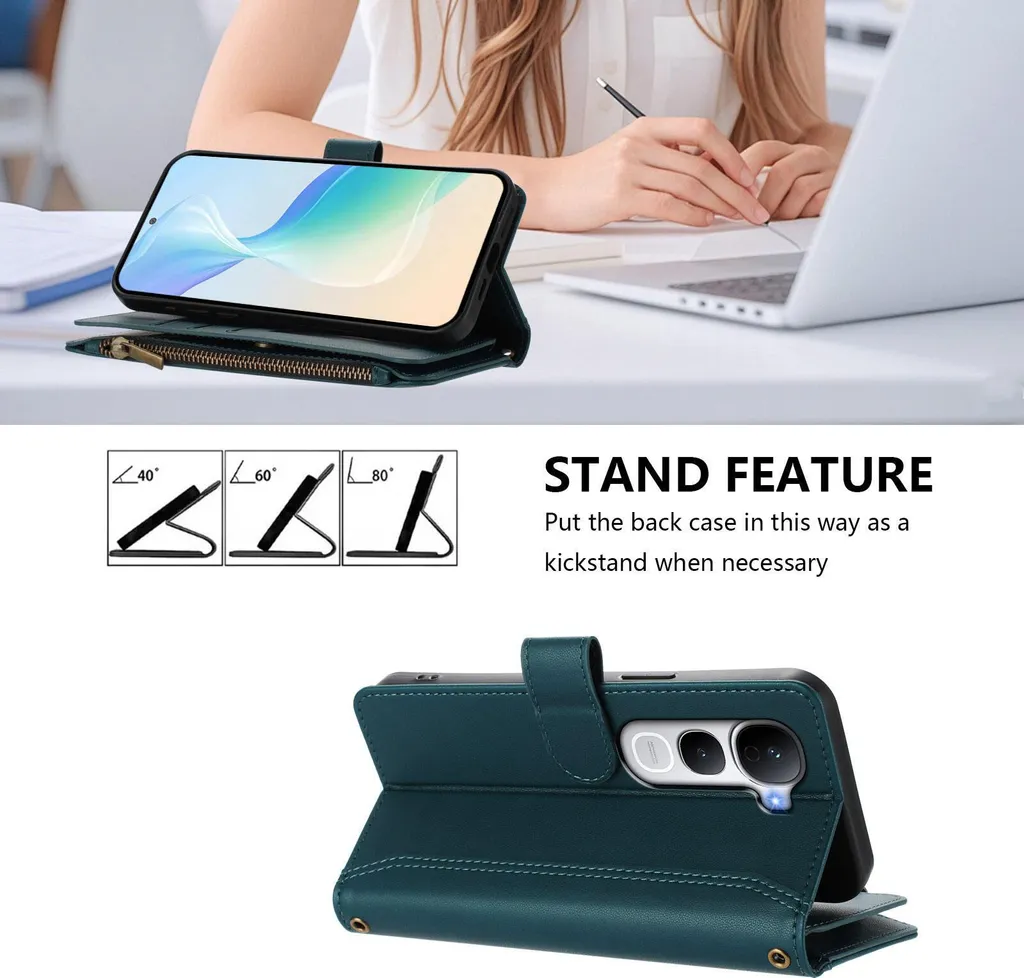 Accessorio Vivo Y400 Pro: Custodia Wallet Verde con Zip e Tasche - 2