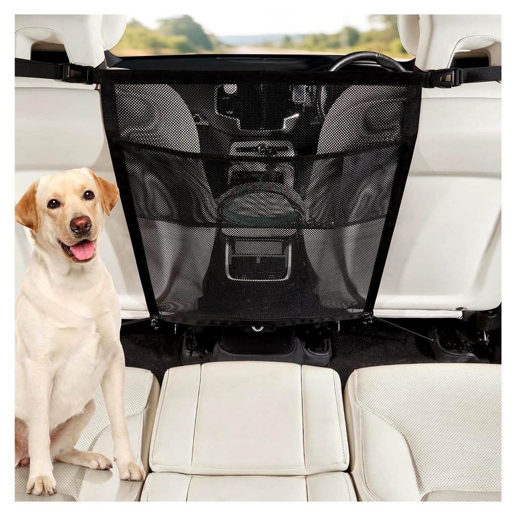 Hundegitter für das Auto mit Aufbewahrungstaschen - Trennnetz für den Vordersitz, Sicherheitsbarriere gegen Hunde aus dem Rücksitz, universell p...