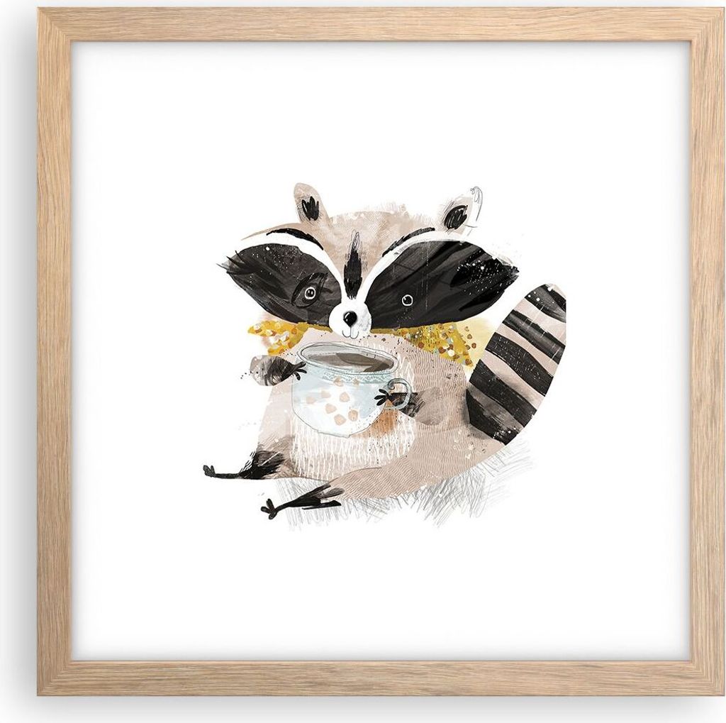 Gerahmtes Poster - Rahmen in heller Eiche - Waschbär Tasse Kinder - 30x30 cm - Wand Bild - Wanddeko - Wandbilder - Kunstposter - Wandposter - Bild...