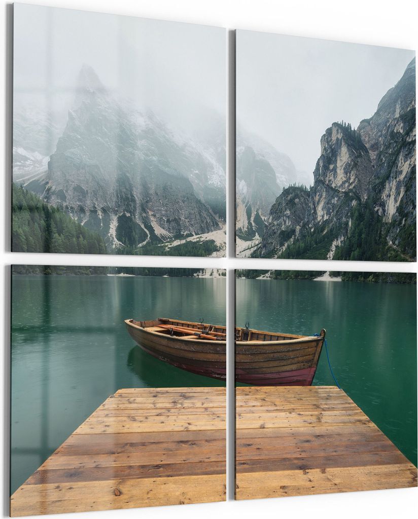 DEQORI Glasbilder Acryl 4x50x50 cm 'Bergsee und Bootsteg' Wandbilder XXL groß