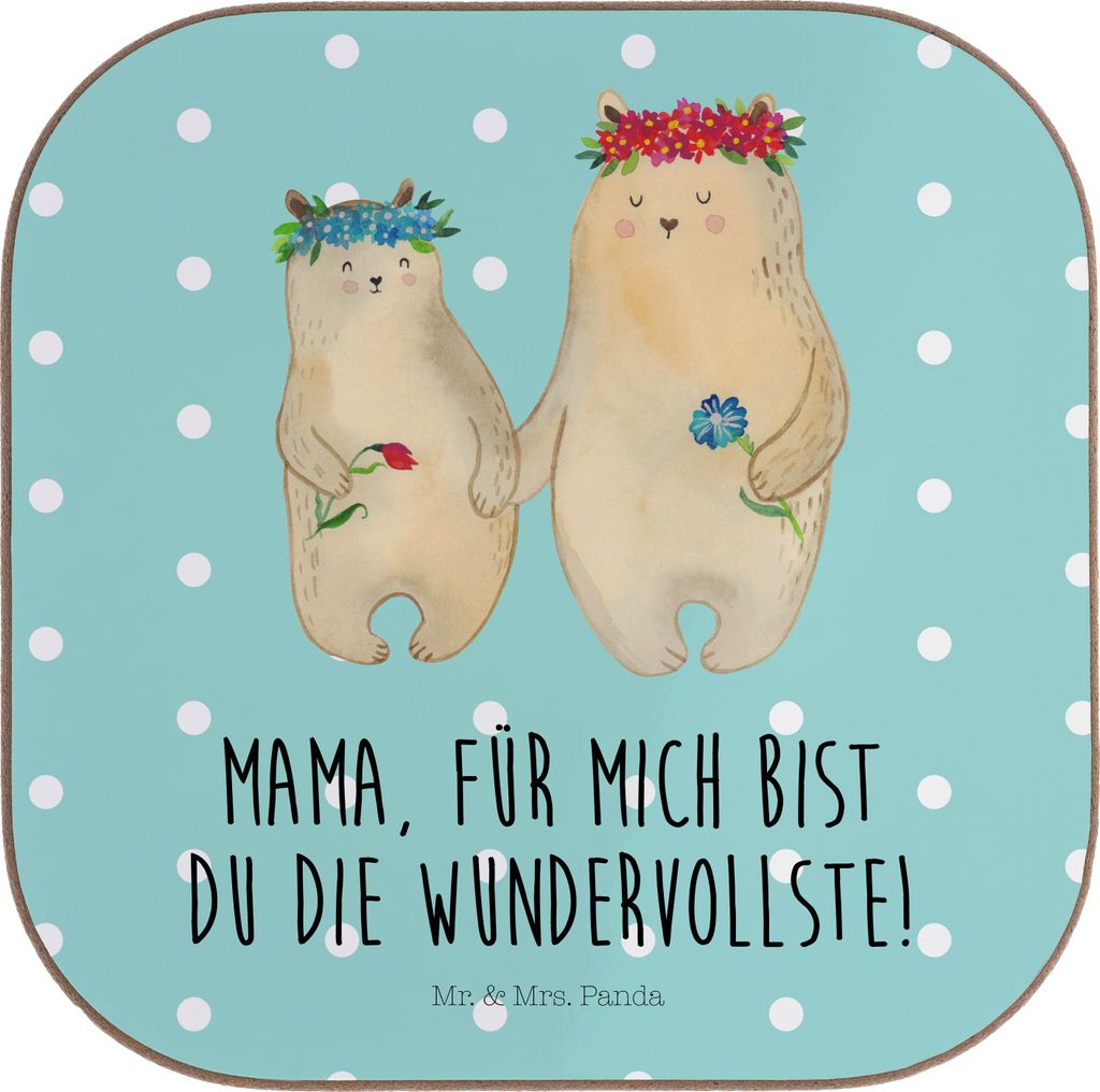 Mr. & Mrs. Panda Untersetzer für Gläser Bären mit Blumenkranz - Türkis Pastell - Geschenk, Coaster, Muttertag, Familie, Family, Kinder, Holzunt...