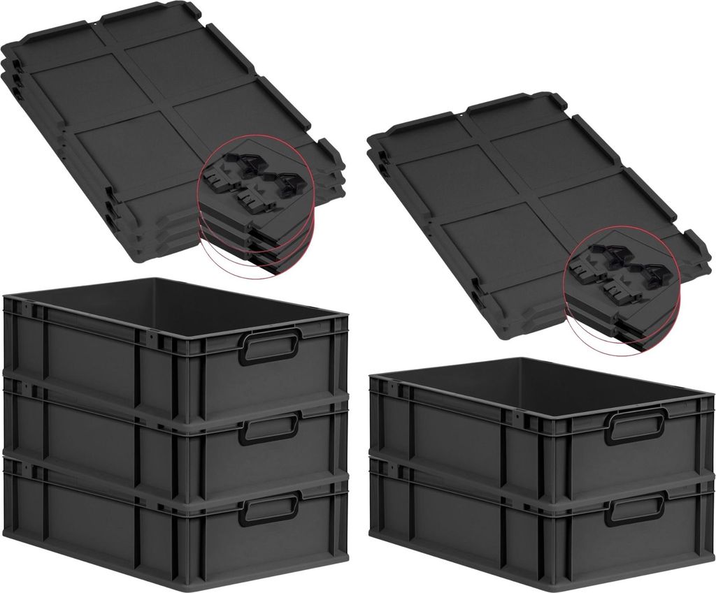 SuperSparSet 5x Eurobox NextGen Color mit Scharnierdeckel und Schiebeschnappverschlüssen | HxBxT 17x40x60cm | 34 Liter | Schwarz | Griffe schwarz ...