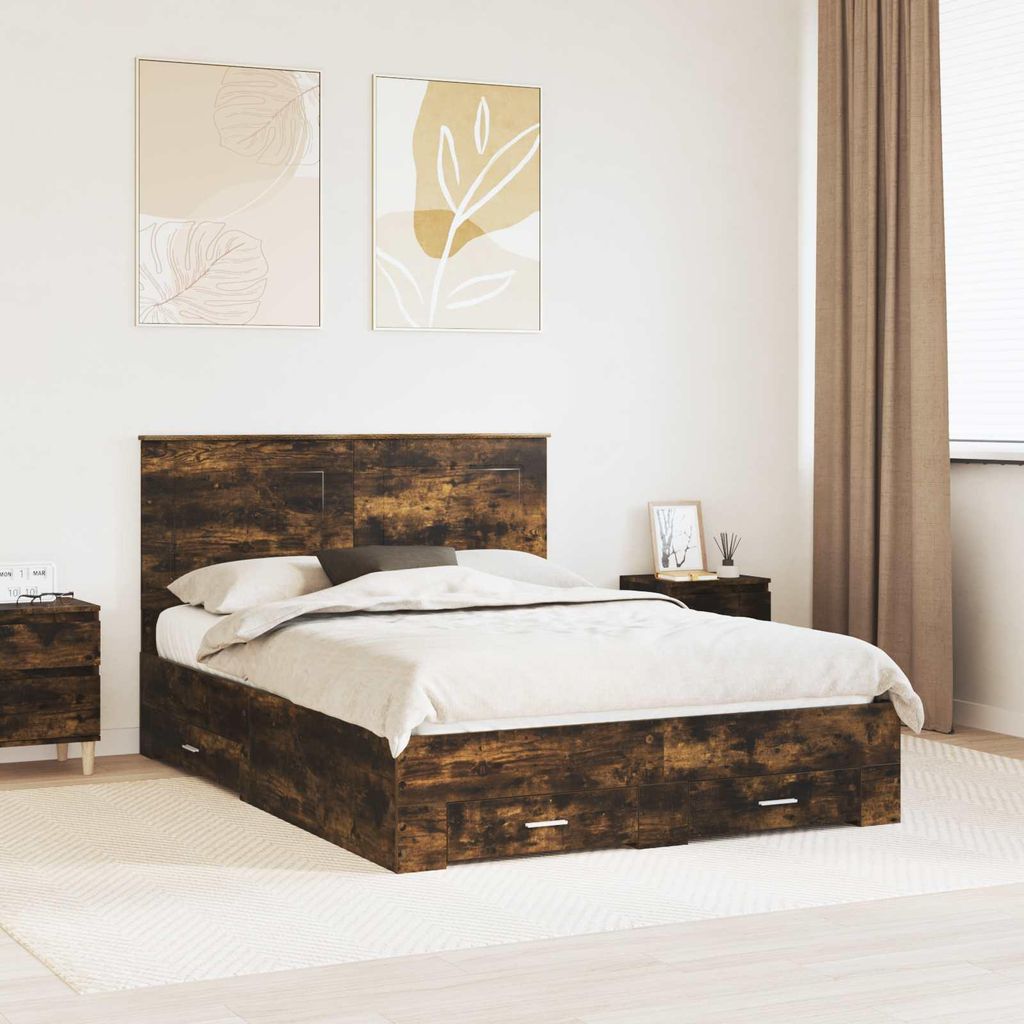 "Schlussverkauf" Doppelbett - Bettgestell 2 PLACES - Geräucherte Eiche 140x200 cm Holzwerkstoff C4512