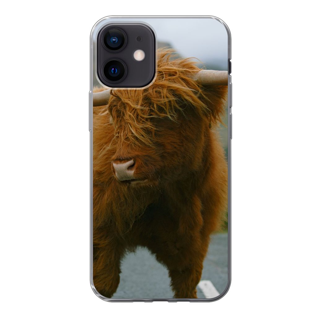 MuchoWow Handyhülle Schutzhülle Hülle für iPhone 12 Schottischer Highlander - Berg - Straße Silikon Softcase Handy Hülle - Schutzhülle