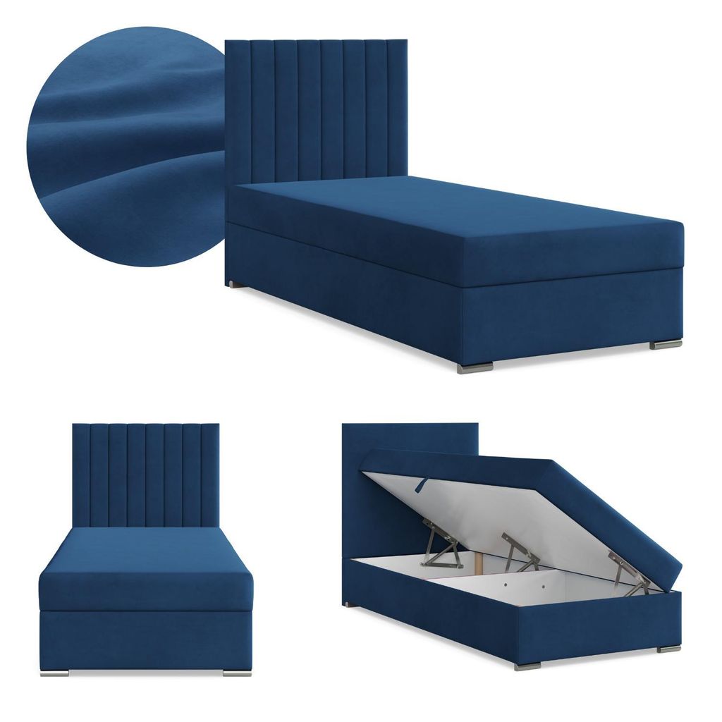 Boxspringbett mit Bettkasten, Einzelbett 90x200, mit Kopfteil, mit Bonell Matratze, Jugendbett, Kinderbett, Samt-Velours, AGEN, Blau, Dunkelblau