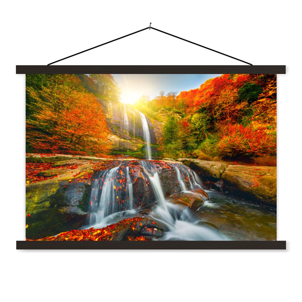 MuchoWow Textilposter Wasserfall - Natur - Herbst - Rot - Wasser 60x40 cm mit schwarzem Rahmen - Hölzernes