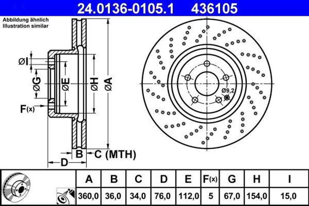 ATE 24.0136-0105.1 Bremsscheibe OE 2204211912 kompatibel mit S-Klasse