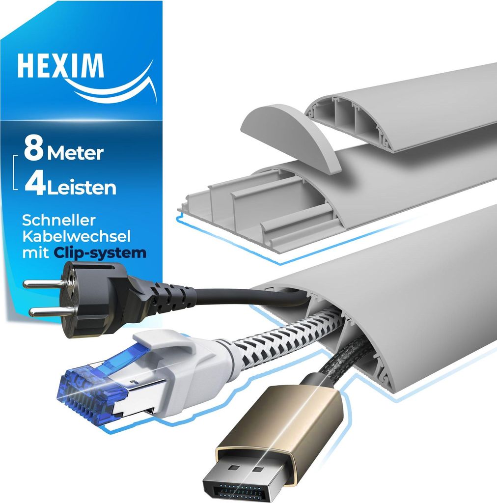 HEXIM Kabelkanal 8 Meter (4 Leisten) 68x18mm weiß PVC Kunststoff halbrunde Kabelabdeckung extra breit - für Wand Boden & Decke TV Kabel LAN Strom...