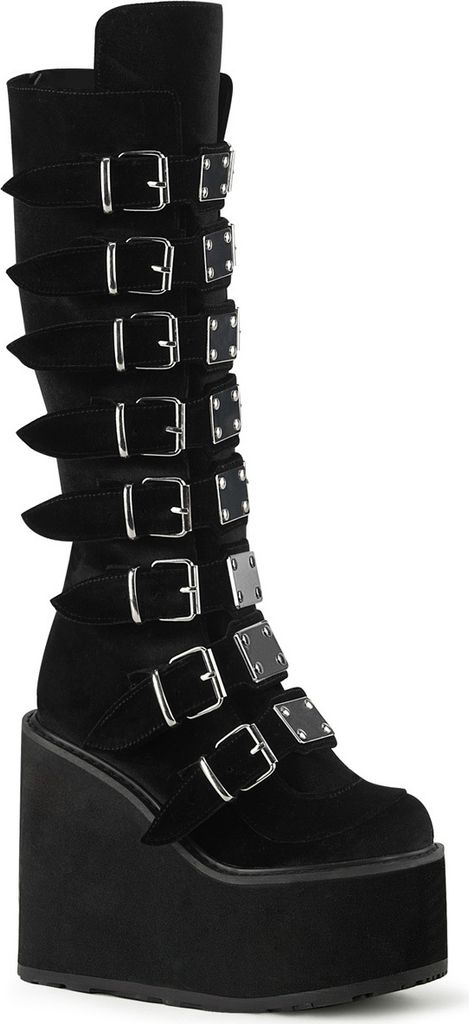 A single black boot with multiple buckles and a platform sole, shown against a white background.