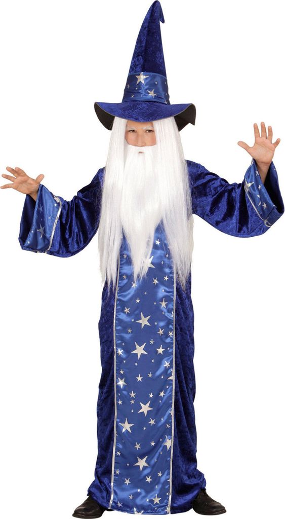 A child wearing a wizard costume, standing against a white background.