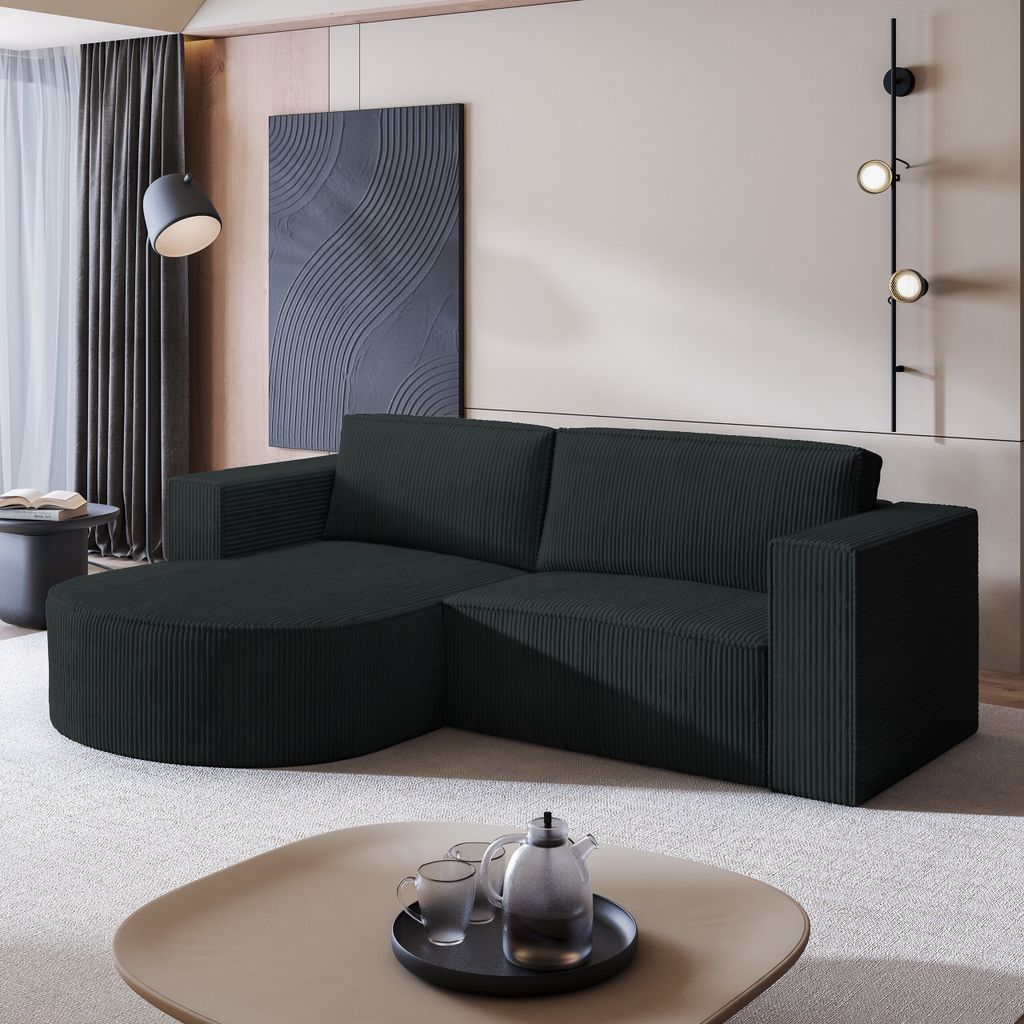 Masseno Ecksofa SORELA P L-S mit Schlaffunktion L-Form, Sofa mit Bettkasten, Wohnzimmersofa, Couch, Soffa, Bettsofa, Couchgarnitur- Schwarz, POSO 135