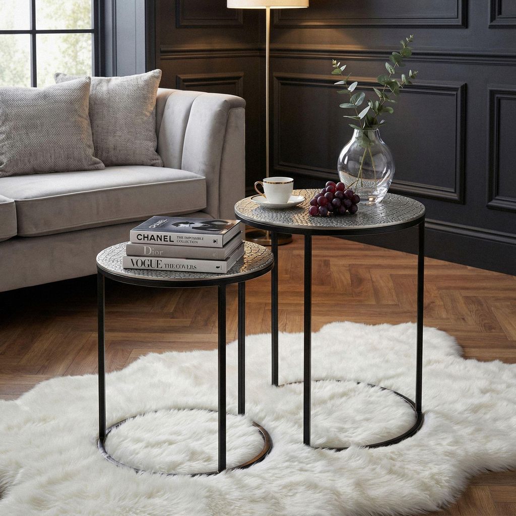 FineBuy Satztisch 2er Set Metall silber rund mit Muster Aluminium Tischplatten Beistelltisch Modern Couchtisch Sofatisch Wohnzimmertisch