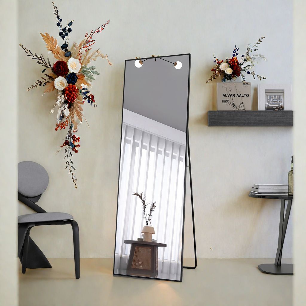 Rechteckig Ganzkörperspiegel, 162 x 53cm Großer Standspiegel, Groß Wandspiegel mit Schwarz Aluminium Rahmen, Hängend, Stehend, Kippbar, für Wo...