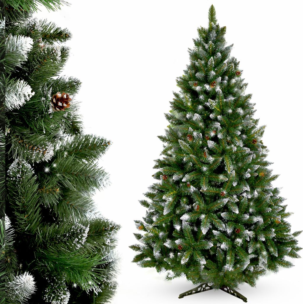 A full artificial Christmas tree with snow and pine cones, and a close-up of its branches.