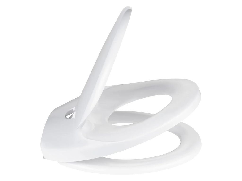 A white toilet seat with an integrated child seat, shown from a side angle with the lid open.