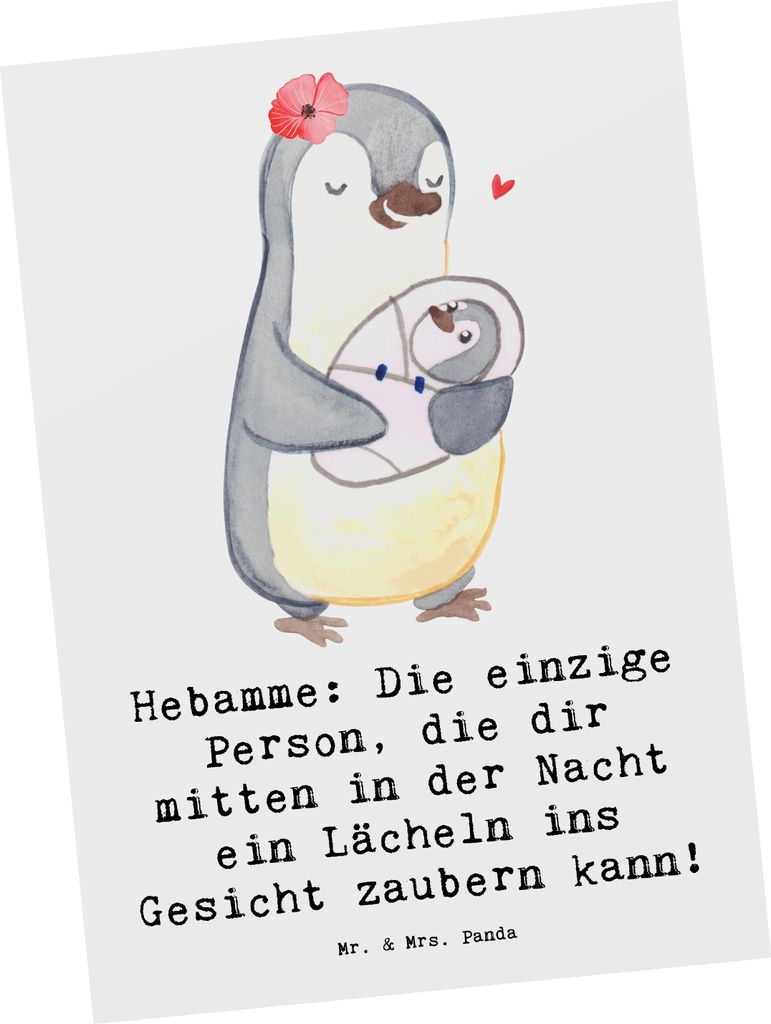 Mr. & Mrs. Panda Postkarte Hebamme Lächeln - Weiß - Geschenk, personalisierte Geschenke, bildkarte, Hausgeburt, Postkarten, Beruf, Berufsalltag, ...