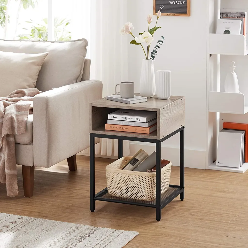 Table d'appoint avec compartiment ouvert et étagère grillagée noir mat - 2