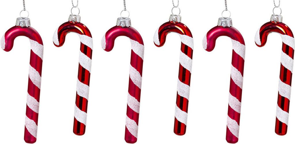 6tlg. Anhänger ZUCKERSTANGE rot weiß aus Glas Baumschmuck (3x matt, 3x glänzend)