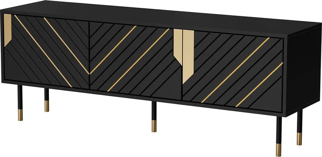 Perito - Meuble TV Noir 154x40x55 cm avec 2 Étagères de Rangement Design