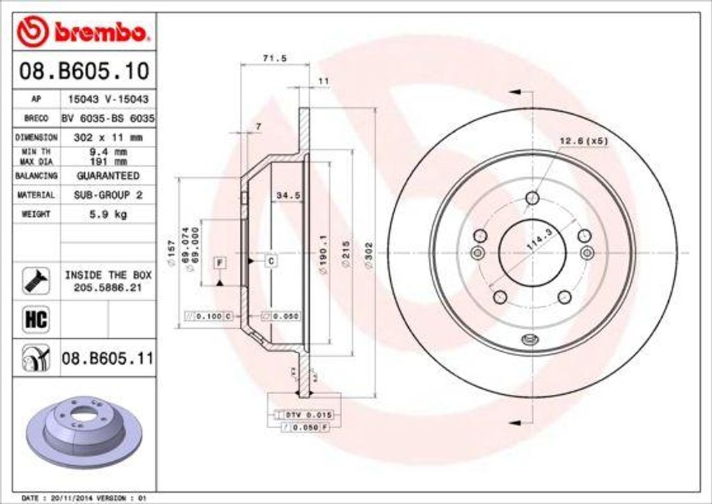 BREMBO 08.B605.11 Bremsscheibe OE 584112P000 kompatibel mit Sorento, Santa Fe
