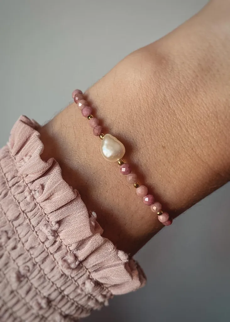 Bracciale Seta e Rodonite | Perle Naturali di Lusso | Fatto a Mano
