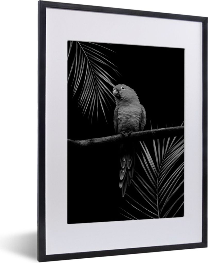 MuchoWow Gerahmtes Poster Vogel auf schwarzem Hintergrund mit Palmzweigen - schwarz und weiß 30x40 cm - Poster mit Schwarzem Bilderrahmen Wandpo...