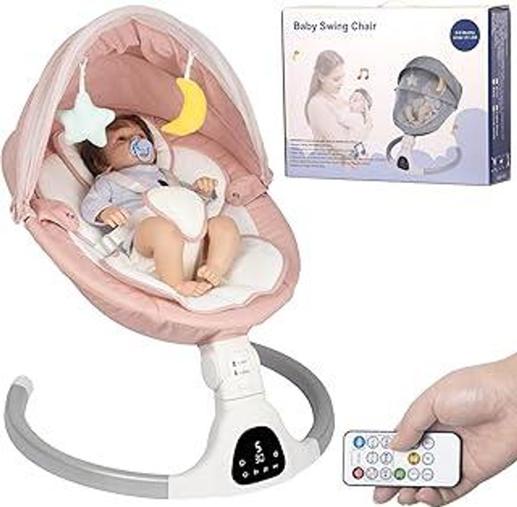 Elektrische Babywippe für Säuglinge bis 9 kg, klappbar, mit Fernbedienung & Bluetooth, Timer-Funktion, 5 Schaukelgeschwindigkeiten, 3 Sitzpositionen