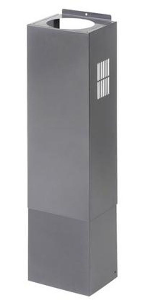A gray, rectangular chimney extension for a kitchen hood.