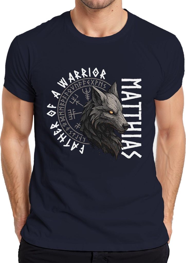 Wikinger Wolf Vater eines Kriegers Personalisiert Nordisch Herren T-Shirt, Navy, M