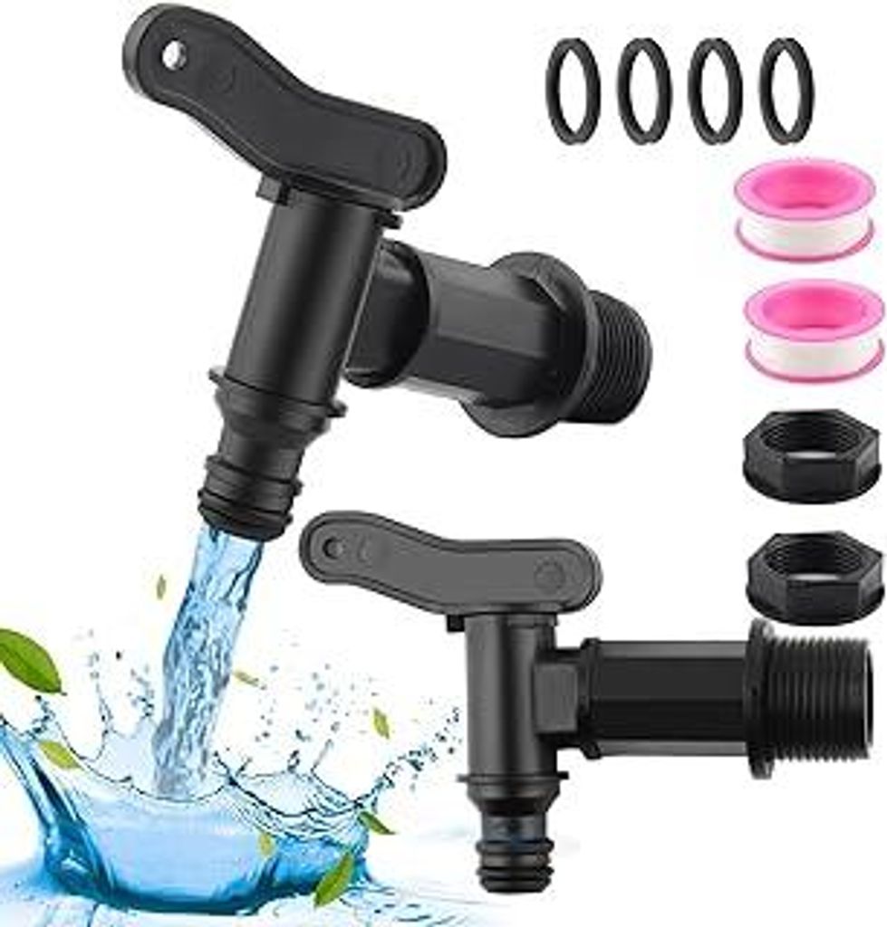 2 Stück Auslaufhahn für Regentonne, 3/4 Zoll Kunststoff Ersatzhahn, Wasserhahn für Regentonne mit Dichtung Kontermutter Dichtband für Regeneime...