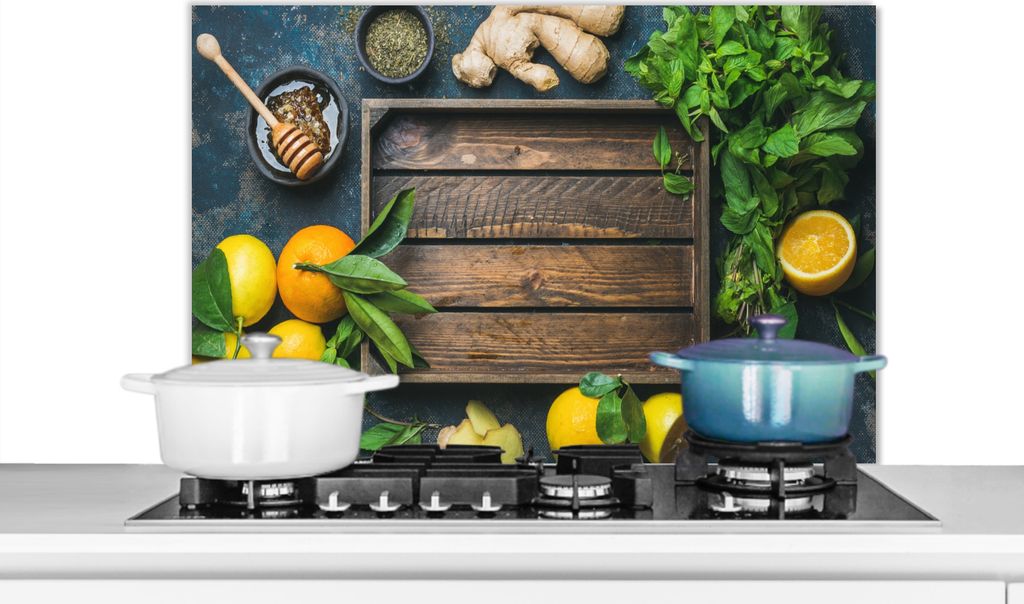 KitchenYeah Spritzschutz Küche - Küchenrückwand - Wandschutz für Herd und Spüle - Obstkiste - Zitrone 90x60 - Alu-Dibond (Alternative zum Sp...