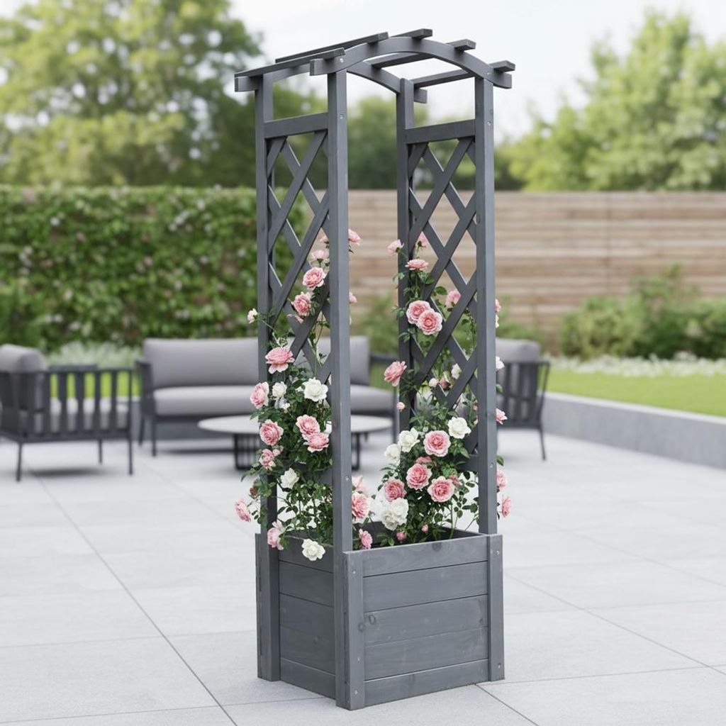 Rosenbogen mit Pflanzkasten Holz Rankgitter Pergola Säule Grau