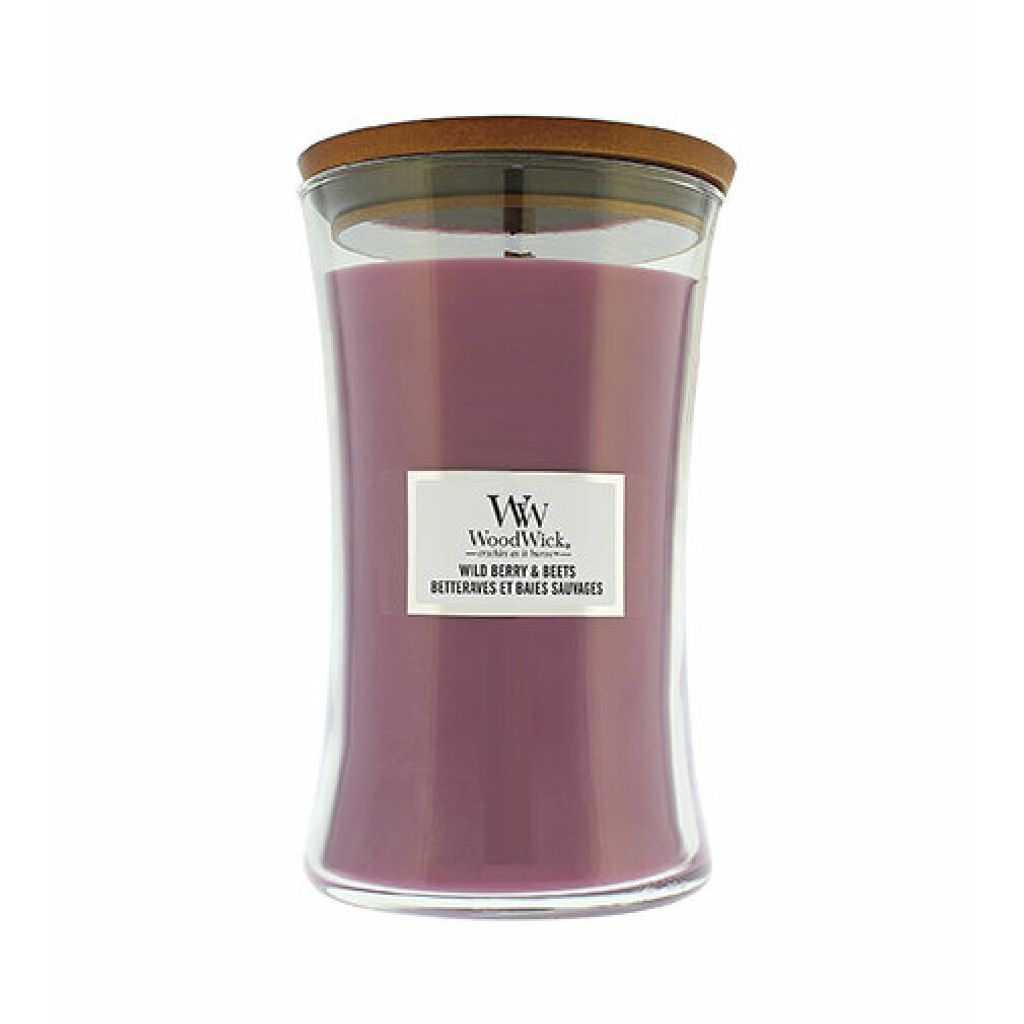A WoodWick candle with a wooden lid.